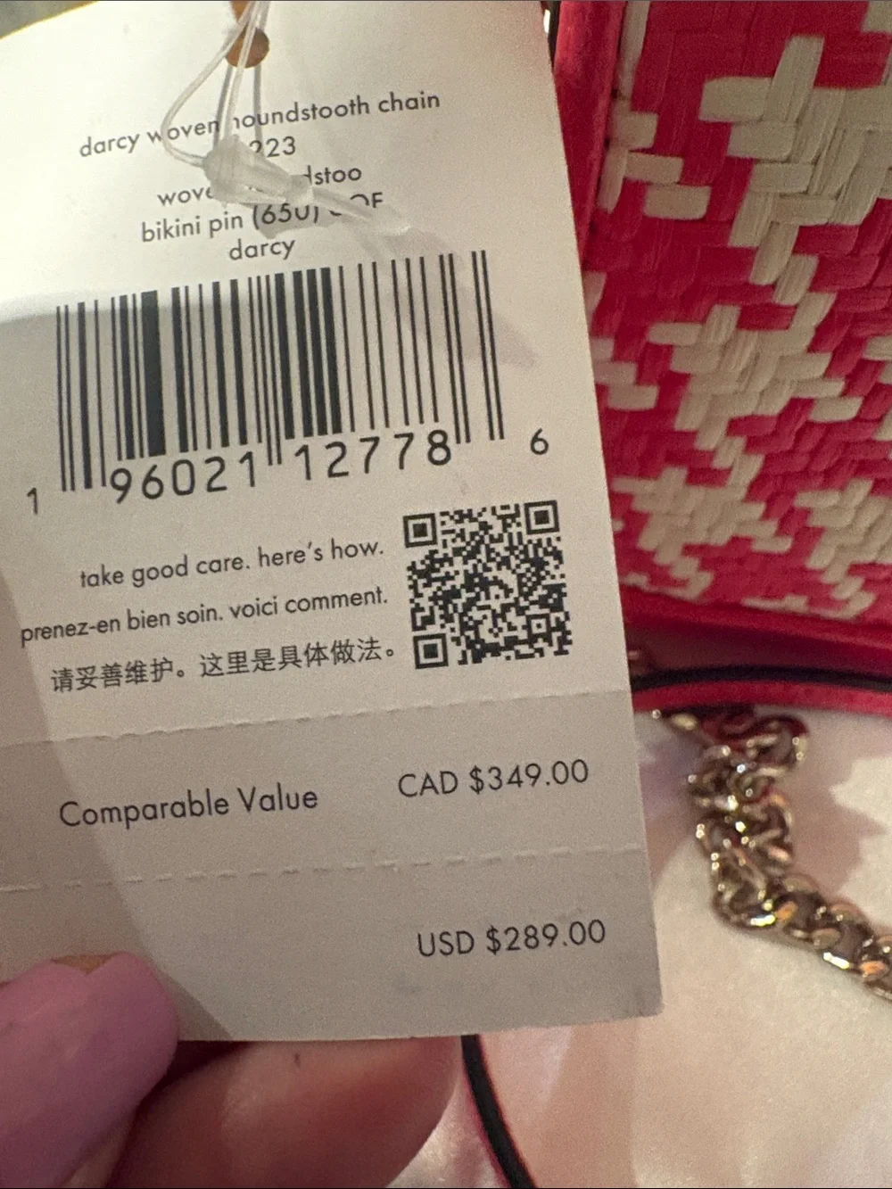 kate spade NWT Darcy Pink and Cream Woven Houndstooth Crossbody/Clutch MSRP $289